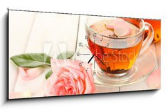 Obraz s hodinami 1D panorama - 120 x 50 cm F_AB45691138 - teapot and cup of tea with roses on white wooden table