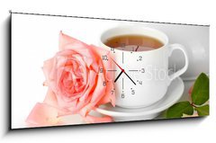 Obraz s hodinami 1D panorama - 120 x 50 cm F_AB45798978 - teapot and cup of tea with rose isolated on white