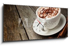 Obraz s hodinami 1D panorama - 120 x 50 cm F_AB46093962 - coffee cup and beans, cinnamon sticks, nuts and chocolate on woo