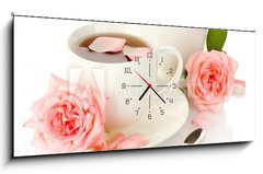 Obraz s hodinami 1D panorama - 120 x 50 cm F_AB46461060 - cups of tea with roses isolated on white