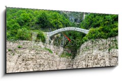 Obraz s hodinami 1D panorama - 120 x 50 cm F_AB46777120 - Chinese view of the mountains and the bridge - Čínský pohled na hory a most