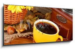 Obraz s hodinami 1D panorama - 120 x 50 cm F_AB46892216 - autumnal composition:coffee grinder, flowers  and leaves