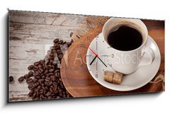 Obraz s hodinami   cup of coofe on wooden tray, 120 x 50 cm