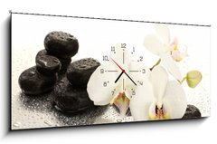 Obraz s hodinami 1D panorama - 120 x 50 cm F_AB47301655 - Spa stones and orchid flowers, isolated on white. - Lzesk kameny a kvtiny orchideje, izolovanch na blm.