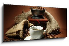 Obraz s hodinami 1D panorama - 120 x 50 cm F_AB47552401 - cup of coffee, grinder, turk and coffee beans - šálek kávy, mlýnky, tuk a kávová zrna