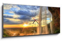 Obraz s hodinami 1D panorama - 120 x 50 cm F_AB47723012 - Seljalandfoss waterfall at sunset in HDR, Iceland - Seljalandfoss vodopád při západu slunce v HDR, Island