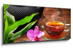 Obraz s hodinami 1D panorama - 120 x 50 cm F_AB48082292 - Arrangement aus Teekanne, Teeglas gr nem Tee und Orchidee - Uspořádání z Teekanne, Teeglas gr nem Tee a Orchidee