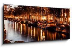 Obraz s hodinami 1D - 120 x 50 cm F_AB48268709 - Amsterdam at night, The Netherlands - Amsterdam v noci, Nizozemsko