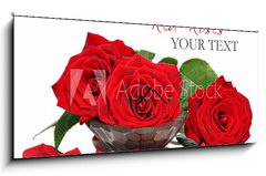 Obraz s hodinami 1D - 120 x 50 cm F_AB48588305 - Red roses and petals in a wooden spa bowl - erven re a okvtn lstky v devn lzni