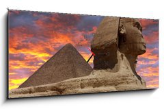 Obraz s hodinami 1D panorama - 120 x 50 cm F_AB4923108 - Pyramid and Sphinx at Giza, Cairo - Pyramidy a sfingy v Gze, Khira