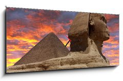Obraz s hodinami 1D panorama - 120 x 50 cm F_AB4923108 - Pyramid and Sphinx at Giza, Cairo - Pyramidy a sfingy v Gíze, Káhira