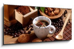 Obraz s hodinami 1D panorama - 120 x 50 cm F_AB49761911 - tazza di caff   espresso con macinino in legno