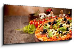 Obraz s hodinami 1D panorama - 120 x 50 cm F_AB51836484 - Delicious fresh pizza served on wooden table - Chutná čerstvá pizza podávaná na dřevěném stole