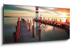 Obraz s hodinami 1D panorama - 120 x 50 cm F_AB51901160 - Lighthouse - Lake in Austria - Maják
