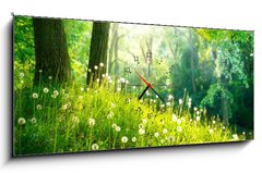 Obraz s hodinami   Spring Nature. Beautiful Landscape. Green Grass and Trees, 120 x 50 cm