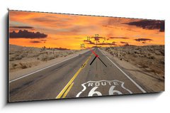 Obraz s hodinami 1D panorama - 120 x 50 cm F_AB53081233 - Route 66 Pavement Sign Sunrise Mojave Desert