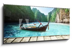 Obraz s hodinami   rock of Phi Phi island in Thailand and wooden platform, 120 x 50 cm