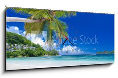 Obraz s hodinami   cocotier pench sur plage des Seychelles, 120 x 50 cm