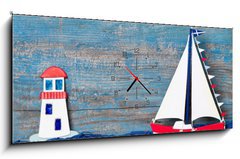 Obraz s hodinami   Sommerlicher Hintergrund aus Holz in Blau mit Segelboot, 120 x 50 cm