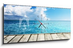 Obraz s hodinami   Caribbean sea and wooden platform, 120 x 50 cm