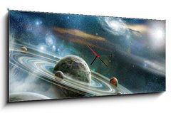 Obraz s hodinami 1D panorama - 120 x 50 cm F_AB53709275 - Planet with numerous prominent ring system - Planeta s etnm prominentnm prstencovm systmem