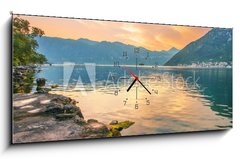 Obraz s hodinami 1D panorama - 120 x 50 cm F_AB53739902 - Sunset on the sea with the foggy mountains - Západ slunce na moři s mlžnými horami