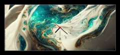 Obraz s hodinami 1D panorama - 120 x 50 cm F_AB538117667 - Spectacular image of teal and white liquid ink churning together, with a realistic texture and great quality for abstract concept. Digital art 3D illustration.
