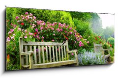 Obraz s hodinami   Art bench and flowers in the morning in an English park, 120 x 50 cm