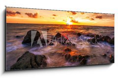 Obraz s hodinami   Tropical beach at sunset., 120 x 50 cm