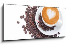 Obraz s hodinami 1D panorama - 120 x 50 cm F_AB54856879 - A cup of cafe latte and coffee beans on white