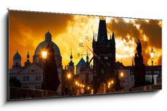 Obraz s hodinami   sunrise over Prague  look from Charles (Karluv) bridge, 120 x 50 cm