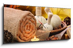 Obraz s hodinami   Massage background with rolled towel, spa balls and candlelight, 120 x 50 cm