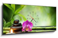 Obraz s hodinami 1D panorama - 120 x 50 cm F_AB55755054 - purple orchid, candle, with stones , bamboo on black mat