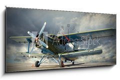 Obraz s hodinami 1D panorama - 120 x 50 cm F_AB57011832 - Retro style picture of the biplane. Transportation theme.