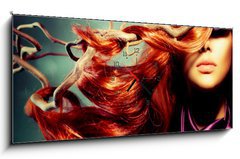 Obraz s hodinami 1D panorama - 120 x 50 cm F_AB57362714 - Fashion Model Woman Portrait with Long Curly Red Hair - Mdn model Portrt eny s dlouhmi kudrnatmi vlasy