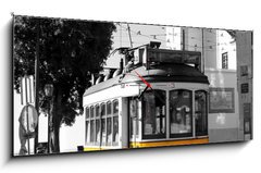 Obraz s hodinami   Lisbon old yellow tram over black and white background, 120 x 50 cm