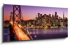 Obraz s hodinami 1D panorama - 120 x 50 cm F_AB57853027 - San Francisco skyline and Bay Bridge at sunset, California - San Francisco panorama a Bay Bridge při západu slunce, Kalifornie
