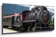 Obraz s hodinami 1D panorama - 120 x 50 cm F_AB5823216 - steam engine train leaving the station full of tourists - parní stroj vlak opouští stanici plnou turistů
