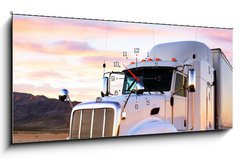 Obraz s hodinami 1D panorama - 120 x 50 cm F_AB58453165 - Truck and highway at sunset - transportation background