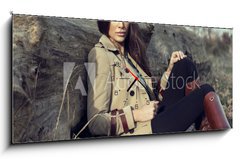 Obraz s hodinami 1D panorama - 120 x 50 cm F_AB58750252 - Fashion woman outdoor
