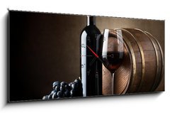 Obraz s hodinami 1D panorama - 120 x 50 cm F_AB58889785 - Red wine and wooden barrel - Červené víno a dřevěné barel