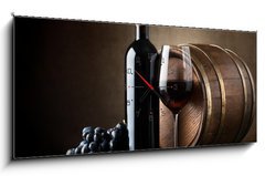 Obraz s hodinami 1D panorama - 120 x 50 cm F_AB58889785 - Red wine and wooden barrel - erven vno a devn barel