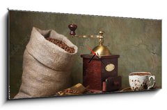 Obraz s hodinami 1D panorama - 120 x 50 cm F_AB61329074 - Still life with cup of coffee and grinder