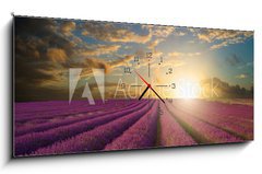 Obraz s hodinami 1D panorama - 120 x 50 cm F_AB61346445 - Vibrant Summer sunset over lavender field landscape - Vibrantní letní západ slunce nad levandule krajiny