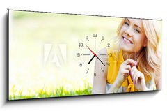 Obraz s hodinami 1D panorama - 120 x 50 cm F_AB61490597 - Woman on grass - Žena na trávě