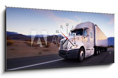 Obraz s hodinami   Truck and highway at sunset  transportation background, 120 x 50 cm