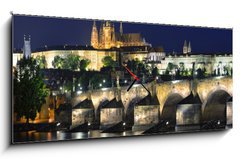 Obraz s hodinami 1D panorama - 120 x 50 cm F_AB61900085 - Vltava river, Charles Bridge and St. Vitus Cathedral at night