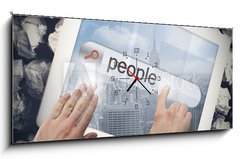 Obraz s hodinami 1D panorama - 120 x 50 cm F_AB62169179 - Hand touching people on search bar on tablet screen - Ruka se dotýká lidí na vyhledávacím panelu na obrazovce tabletu