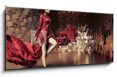Obraz s hodinami 1D panorama - 120 x 50 cm F_AB62549404 - Glamorous woman with wavy dress - Okouzlující žena s vlnitými šaty