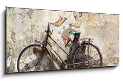 Obraz s hodinami 1D panorama - 120 x 50 cm F_AB62780970 - Little Children on a Bicycle Mural. - Mal dti na nstnn malb na kole.